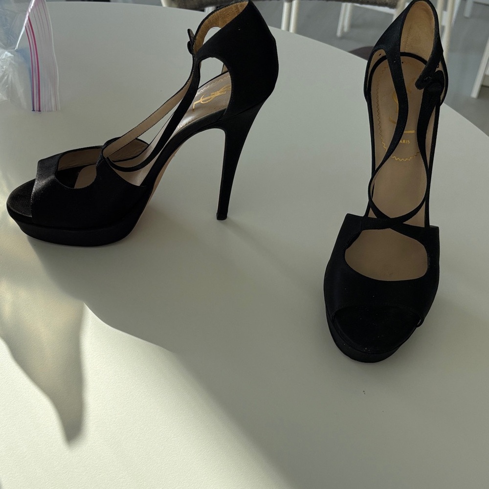 YSL Black Satin Platform Ankle Strap Stiletto Heels EU 38 Excellent Condition